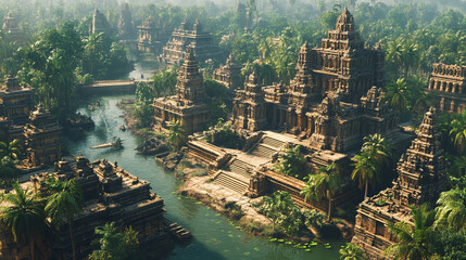 Naklejka premium A Stunning Aerial View Of A Vast Temple Complex With Intricate Towers And Sprawling Courtyards, Surrounded By A Tranquil River And Lush Vegetation