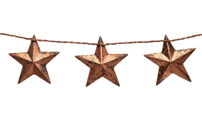 Rustic metal stars strung on a simple twine. transparent background
