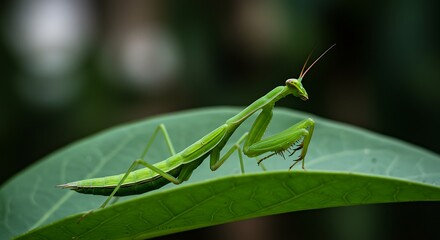 Fototapeta premium Green Praying Mantis on Leaf Close Up Nature Photography