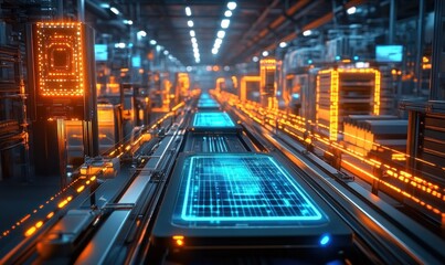 High-Tech Conveyor System in Futuristic Warehouse with Holographic Packages and Neon Lights