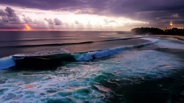 Sunset Beach with Dark Clouds and Powerful Waves - made with Generative AI