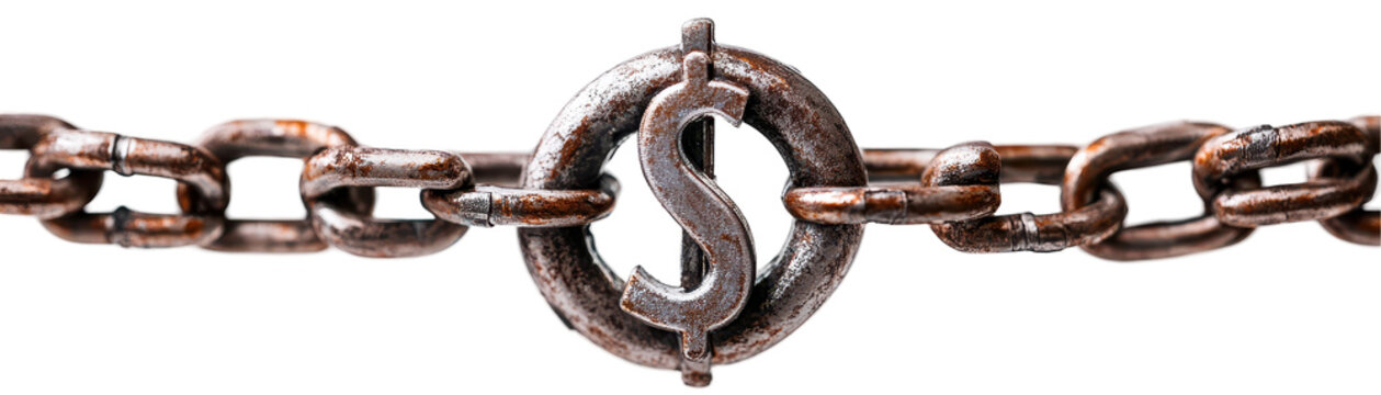 Rusty chain link with a central dollar sign symbol. transparent background