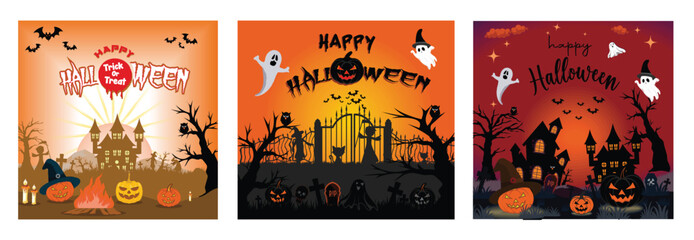 Haunted House and Pumpkin Lanterns. Spooky Halloween Greeting. Flying Ghosts.