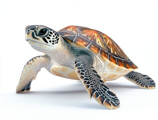 Realistic 3D Rendering of a Green Sea Turtle on a White Background with Detailed Skin Texture and Shell Features Captured in a High-Quality Style
