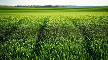 Vibrant green field stretches endlessly under soft sunlight showing subtle tire tracks. AI Generated