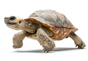 Obraz premium Realistic 3D Rendering of a Turtle Crawling on a White Background with Detailed Shell and Unique Textures Displaying Natural Beauty of Reptiles