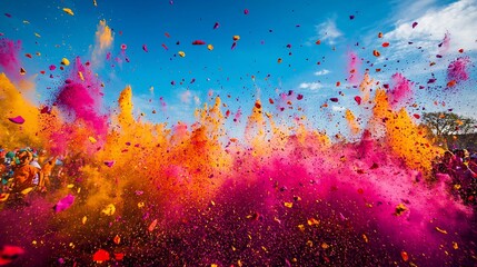 Colorful powder explosion, festival celebration, outdoor event, happy crowd