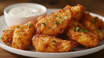Crispy Potato Wedges Served with Creamy Ranch Dressing on a White Plate