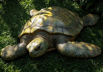Fototapeta premium Realistic and Detailed Sculpture of a Turtle Relaxing on Green Grass Under Natural Light in a Garden Setting