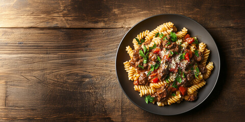 A plate of fusilli pasta in a chunky beef and tomato ragu on a rustic wooden table with copy space, top view