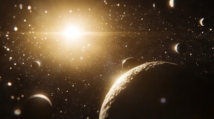 Golden sun illuminates planets and stars in a cosmic scene.
