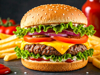 A close-up of a delicious cheeseburger with a juicy beef patty, melted cheddar cheese, fresh lettuce, sliced red onions, tomatoes, and ketchup, all layered between a toasted sesame seed bun. 