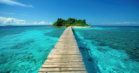 Naklejka premium A wooden walkway leads to a small island in the middle of a turquoise lagoon. AI.