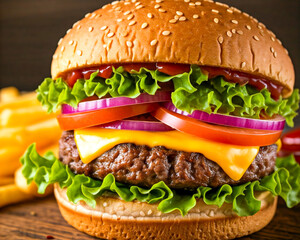 A close-up of a delicious cheeseburger with a juicy beef patty, melted cheddar cheese, fresh lettuce, sliced red onions, tomatoes, and ketchup, all layered between a toasted sesame seed bun. 
