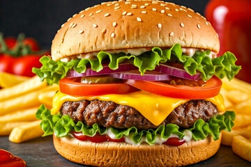 A close-up of a delicious cheeseburger with a juicy beef patty, melted cheddar cheese, fresh lettuce, sliced red onions, tomatoes, and ketchup, all layered between a toasted sesame seed bun. 