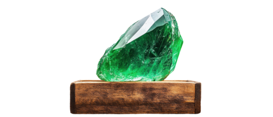 Stunning green gemstone on wooden display. transparent background