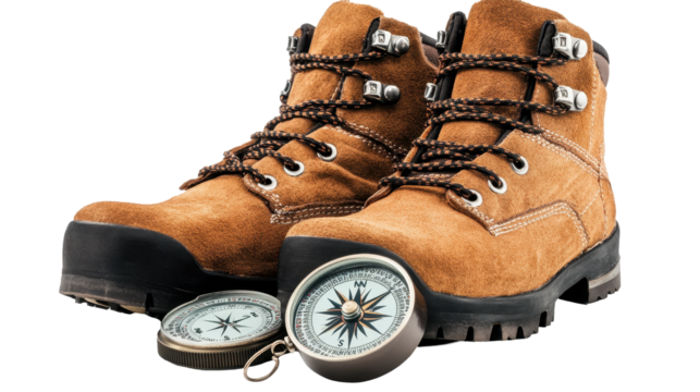 Adventure Awaits: Sturdy brown leather hiking boots, ready for the trail, accompanied by two antique compasses, symbolize exploration and journey.