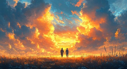 Fototapeta premium Jesus Walking with a Devoted Christian in a Serene Landscape Emphasizing Faith Love Guidance and Companionship on the Journey to Salvation