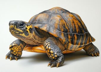 Realistic illustration of a vibrant tortoise showcasing intricate shell patterns and textures on a clean background, highlighting its natural beauty and detail.