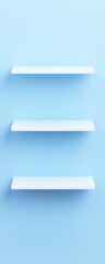 Three empty white shelves on a light blue wall.