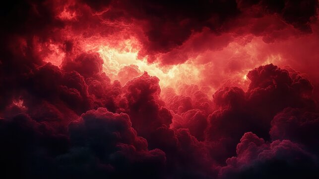 Dramatic stormy red clouds in a cinematic cloudscape with intense chiaroscuro lighting