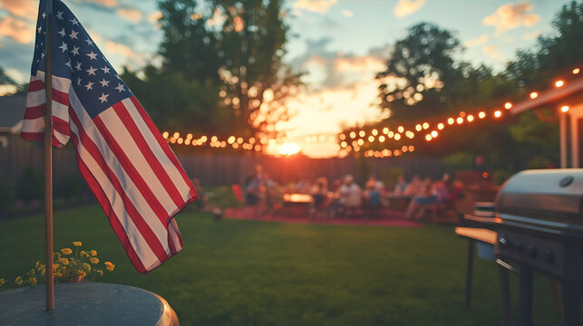 American flag on a patio full of guests enjoying a Memorial Day barbecue, children playing in the background. American family and friends celebrating the 4th of July, Independence Day. Copy space