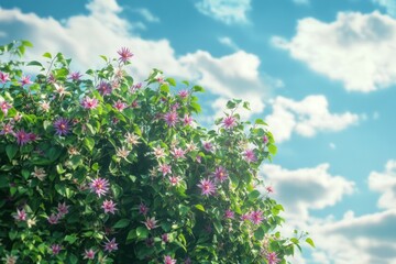 Fototapeta premium Pink Clematis Vine, Sunny Sky, Summer Flowers, Nature Background, Garden
