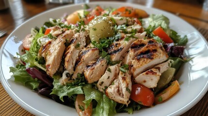 Fresh garden salad with grilled chicken, mixed vegetables, lettuce, and a light dressing , healthy, vibrant, plate