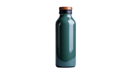Stylish green bottle with wooden cap on a black background, perfect for beverage storage. transparent background