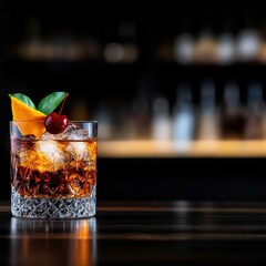 Classic Old Fashioned Whiskey Glass Filled with Ice and Garnishes