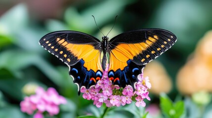 Fototapeta premium Orange butterfly on pink flowers in garden