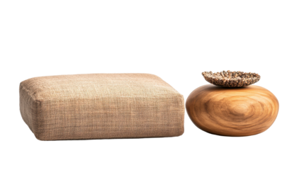 Modern Minimalist Home Decor: A beige linen ottoman and a smooth, rounded wooden side table with a unique woven bowl create a serene and stylish living space. 