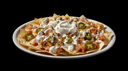 Delicious Plate of Loaded Nachos Topped with Melted Cheese, Jalape&ntilde;os, and Creamy Sour Cream