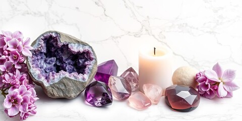 A peaceful arrangement of gemstones, minerals, candles, lilac flowers on marble background for crystal ritual and spiritual practice, minerals, amethyst, candle