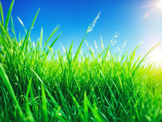 Fototapeta premium A bright sun shines through a clear blue sky, illuminating blades of lush green grass.