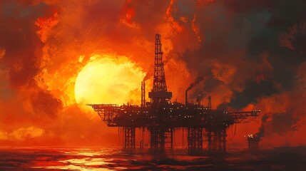 Obraz premium Wide view of an oil platform against a fiery sunset, strong industrial aesthetic
