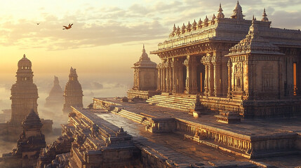 Ancient Hindu temple complex of Somnath, with intricately carved stone pillars and imposing towers, set amidst serene surroundings at dusk in Gujarat, India