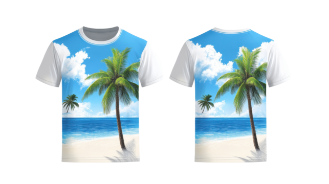 Stylish t-shirt design featuring a tropical beach with palm trees and blue skies. transparent background