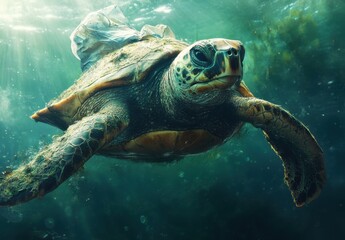 Obraz premium Sea turtle swimming gracefully through clear waters with plastic waste highlighting the impact of pollution on marine life and the environment