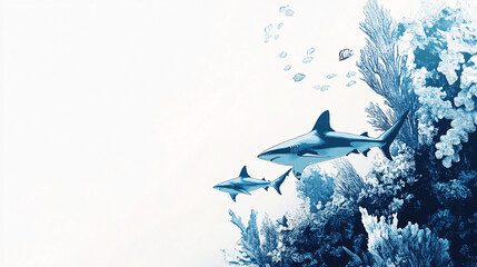 blue and white sharks over coral reef underwater scene for nature marine life wallpaper background