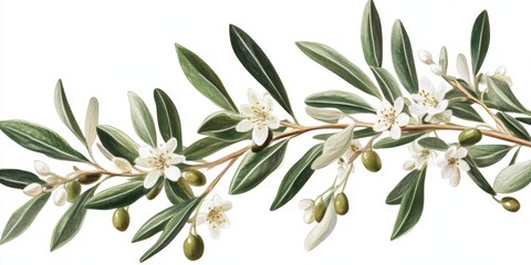 Detailed Olive Branch with White Flowers and Green Fruit for Natural and Organic Themes in Art and Design