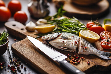 Freshly prepared fish with herbs, tomatoes, and lemon on a wooden cutting board in a rustic kitchen
