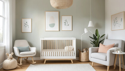 A blank white canvas framed in light wood, hanging on a soft pastel wall in a nursery. The empty canvas serves as a calming, serene focal point in the minimalist space.

