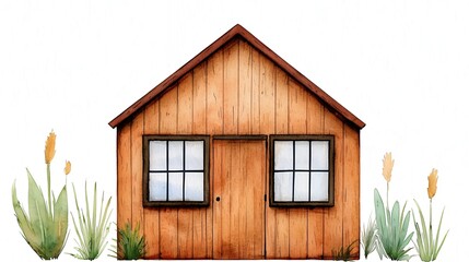 Rustic Watercolor Illustration of a Charming Wooden House nestled in a Field of Tall Grass and Flowers, Evoking Tranquility and Se