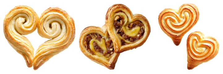 Set of two heart-shaped palmier pastries, isolated on a transparent background.