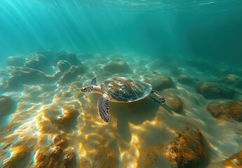 Fototapeta premium Serene Sea Turtle Swimming Over Colorful Rocks in Clear Turquoise Ocean Water with Sunlight Rays Illuminating the Underwater Scene
