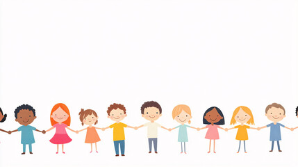 diverse group of smiling children holding hands in a line