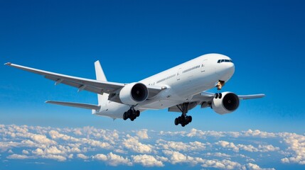 Airplane landing in clear blue sky aerial view transportation natural environment flight concept