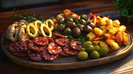 Delicious Spanish Tapas Platter Featuring Chorizo, Olives, Fried Potatoes, and Various Savory Appetizers