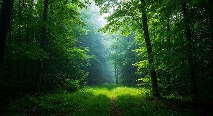 Fototapeta premium Peaceful Forest Path Sunlight Green Trees Nature Photography